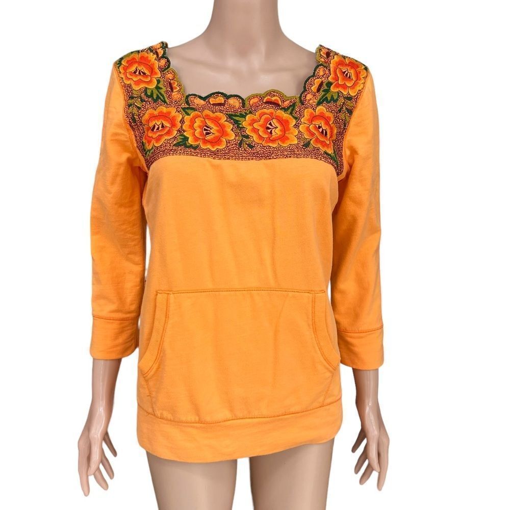 Lucky Brand Orange Cotton Embroidered Sweater Kangaroo Pocket French Terry Sz S.